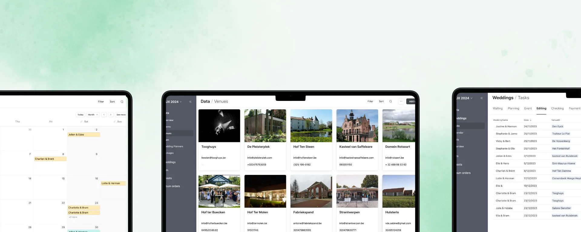 Drie laptops met de interne tool van Lux: een kalender, een overzicht van locaties en een takenlijst.