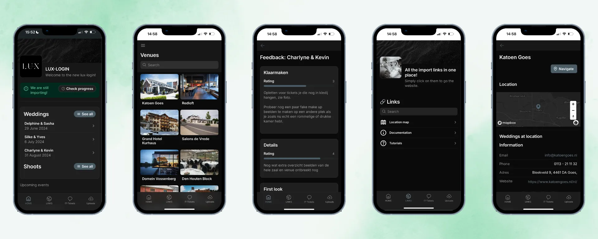 Vijf smartphones met de app voor freelancers van Lux: huwelijken, locaties, feedback en een kaart.