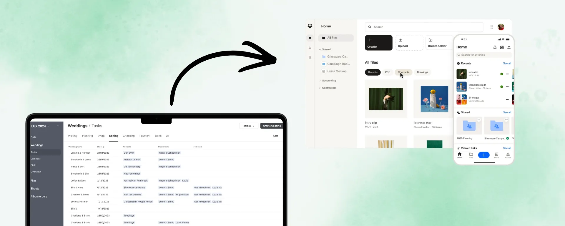 Een takenlijst van Lux met een pijl naar de Dropbox-mappen die automatisch worden aangemaakt.