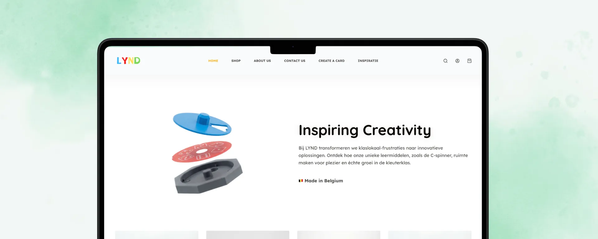 De homepage van Lynd Creation met de onderdelen van een C-Spinner.