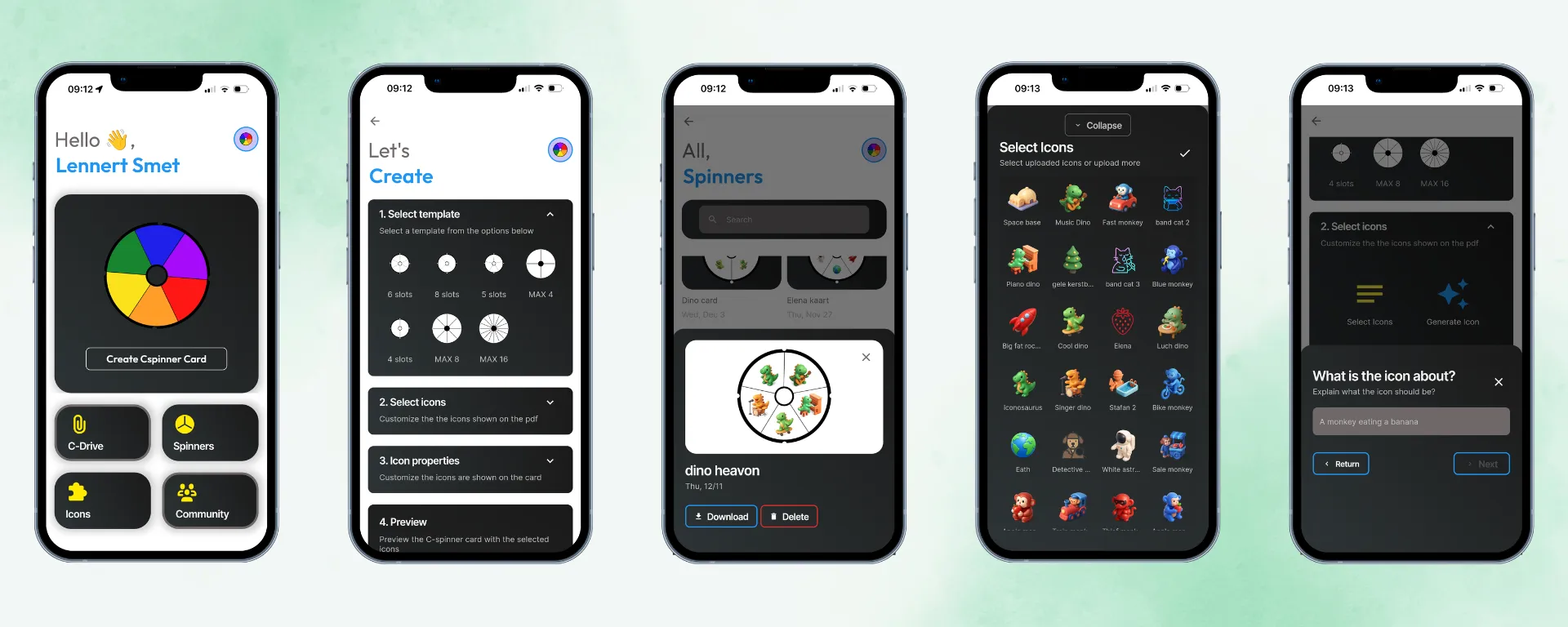 Vijf smartphones met de ontwerpapp van Lynd: een sjabloon kiezen, icoontjes selecteren en een kaart downloaden.