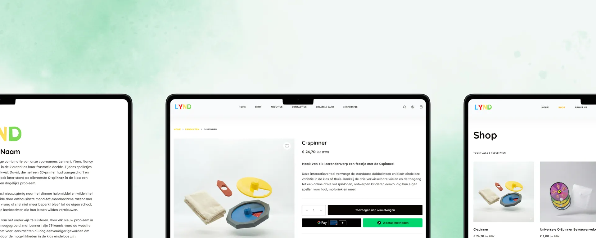 Drie pagina's van de Lynd-website: het verhaal, een productpagina en de shop.