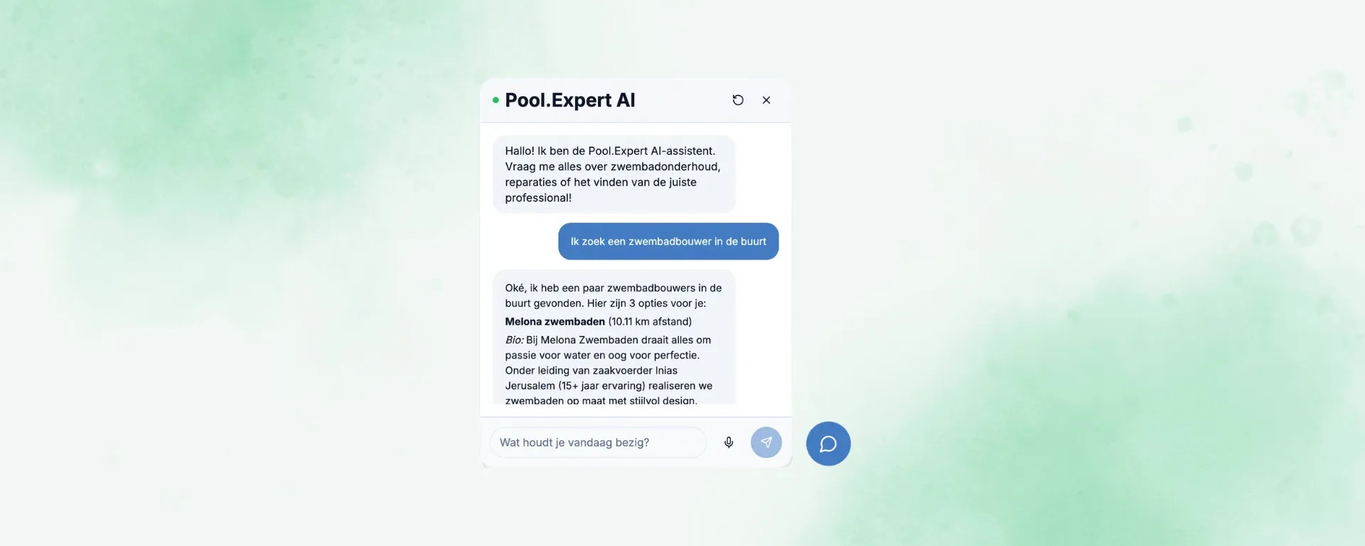 Het chatvenster van de Pool.expert AI-assistent die zwembadbouwers in de buurt voorstelt.