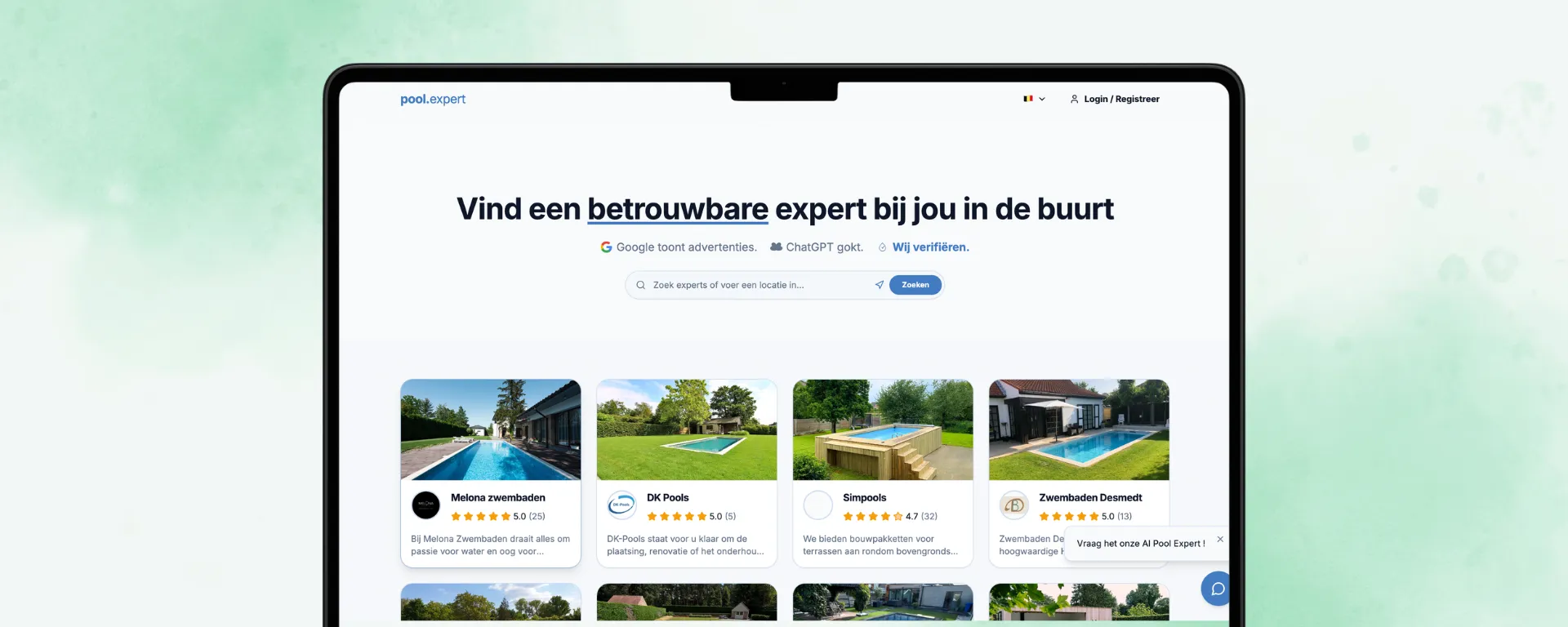 De homepage van Pool.expert met de titel 'Vind een betrouwbare expert bij jou in de buurt'.