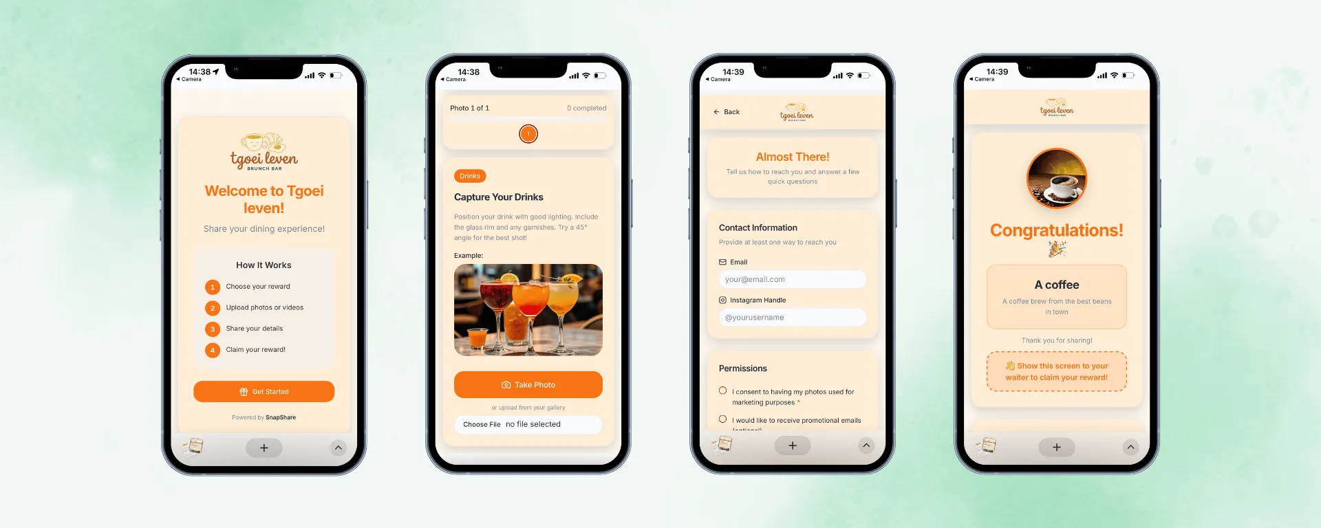 Vier smartphones met de stappen voor gasten: welkom, foto nemen, gegevens en de beloning.