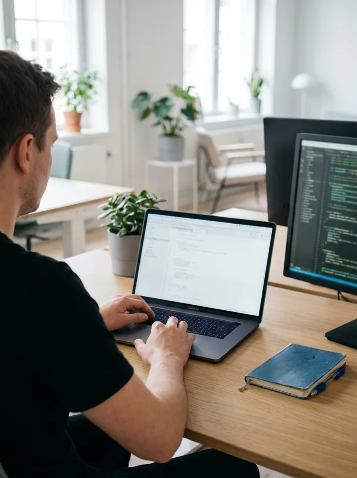 Een ontwikkelaar werkt op een laptop met een tweede scherm vol code.